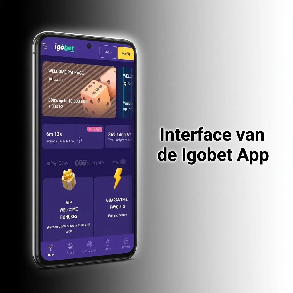 Interface van de Igobet app met sportweddenschappen en casinospellen